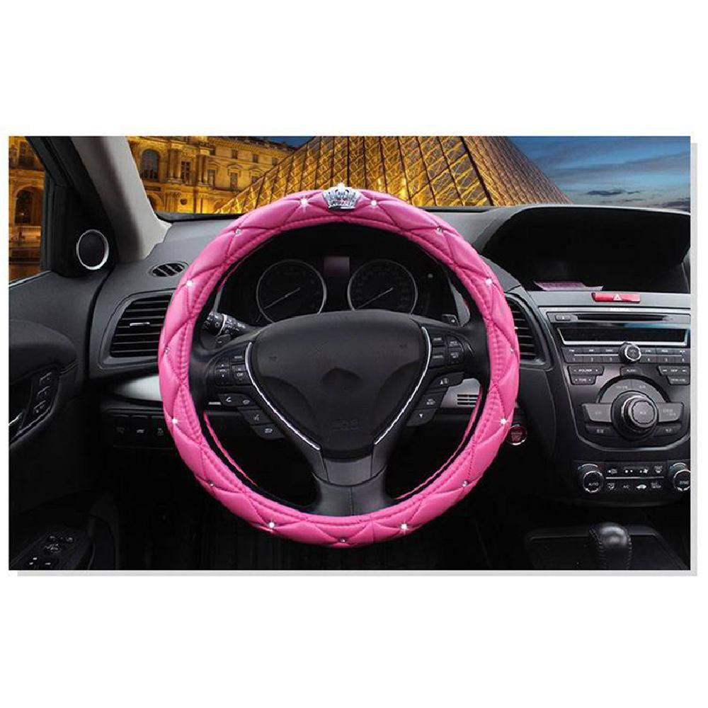 Black Car Steering Wheel Cover Pu Leather 38Cm Rhinestone Crystal Diamond Crown
