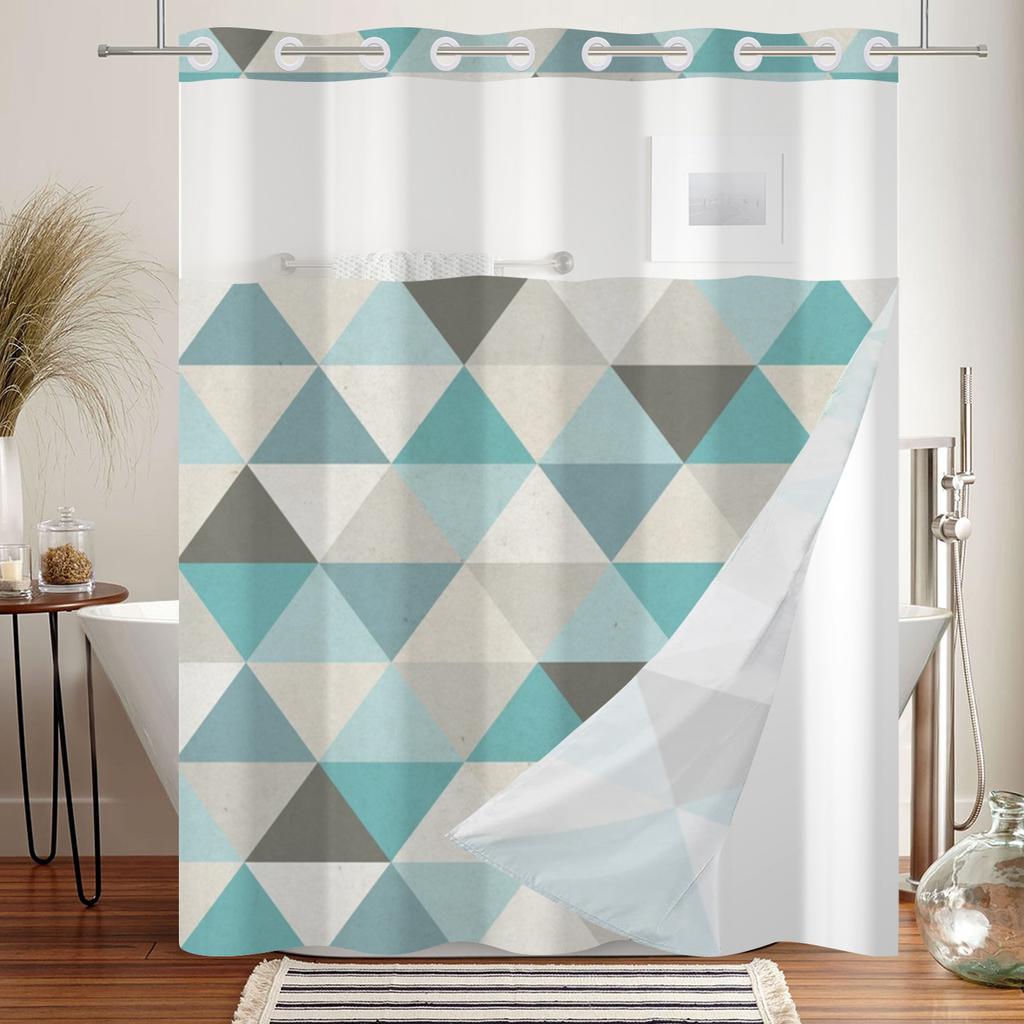 Hookless Double Layer Shower Curtain Geometric Pattern Printed Removable Lined Bathtub Waterproof Bathroom Curtains Decoration