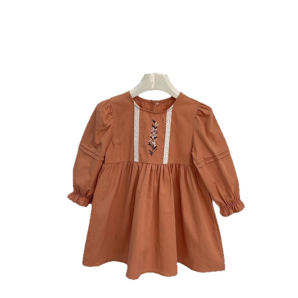 Girls Spring Autumn Long Sleeve Embroidered Dress Soft Loose Solid Cotton Princess Dress For Kids