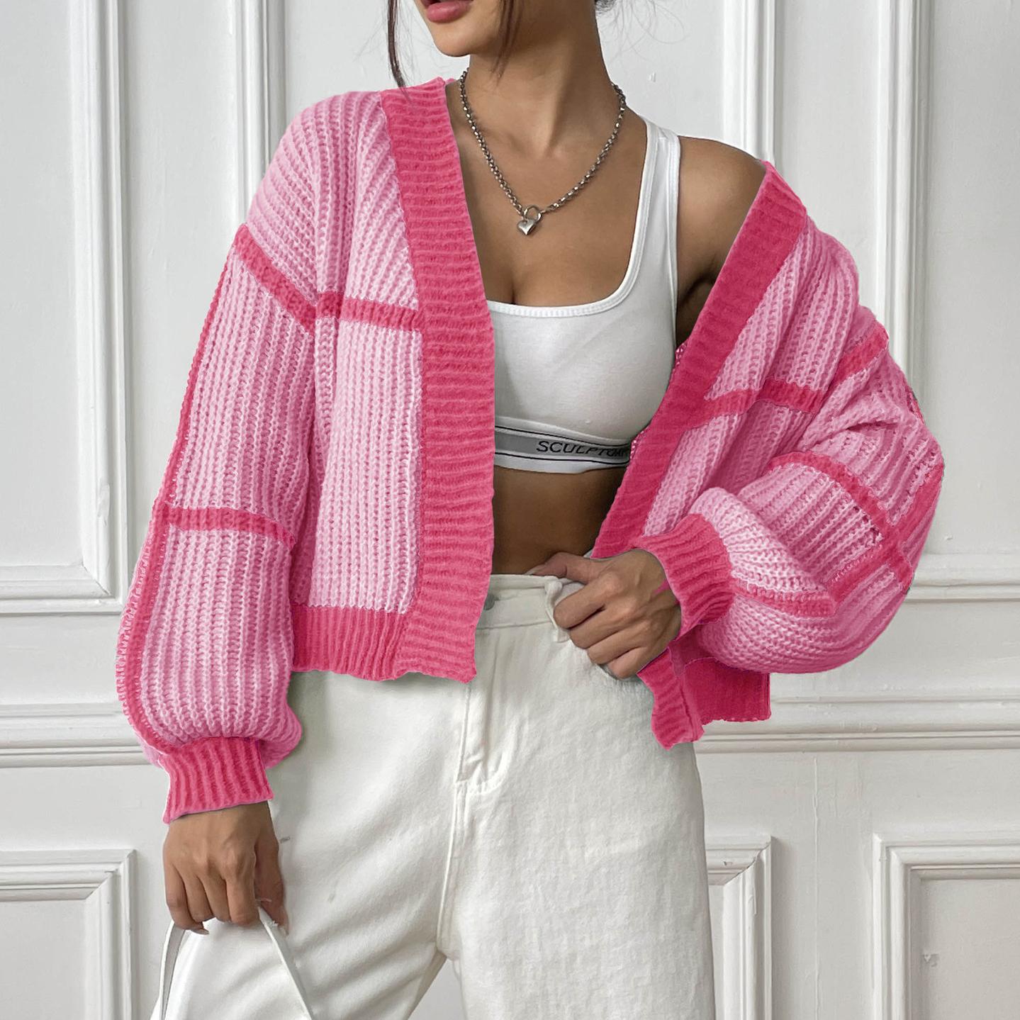 

Женский кардиган осенне-зимняя куртка Collision Splicing Short Section Casual Loose Woven Jumper XL розовый