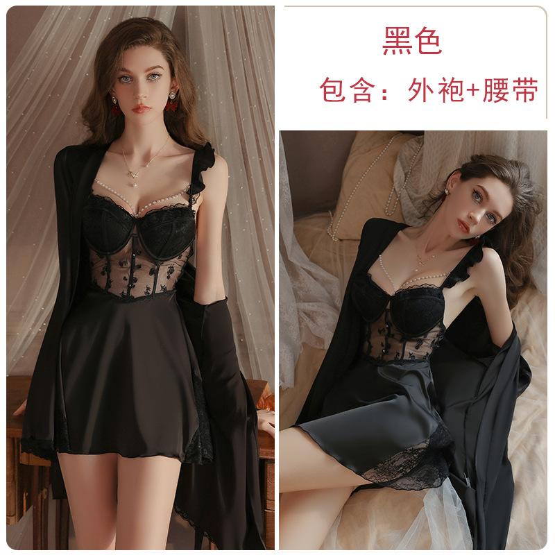 Hot perspective hollowed-out temptation backless deep V low chest plus chest pad nightdress robe loungewear set