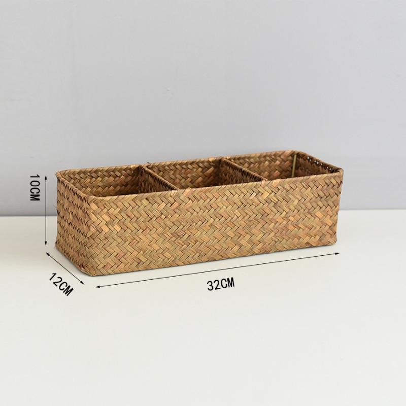 

Home desktop grid storage box Handmade seaweed woven sundries storage basket Hotel retro decoration storage basket Weight 195g