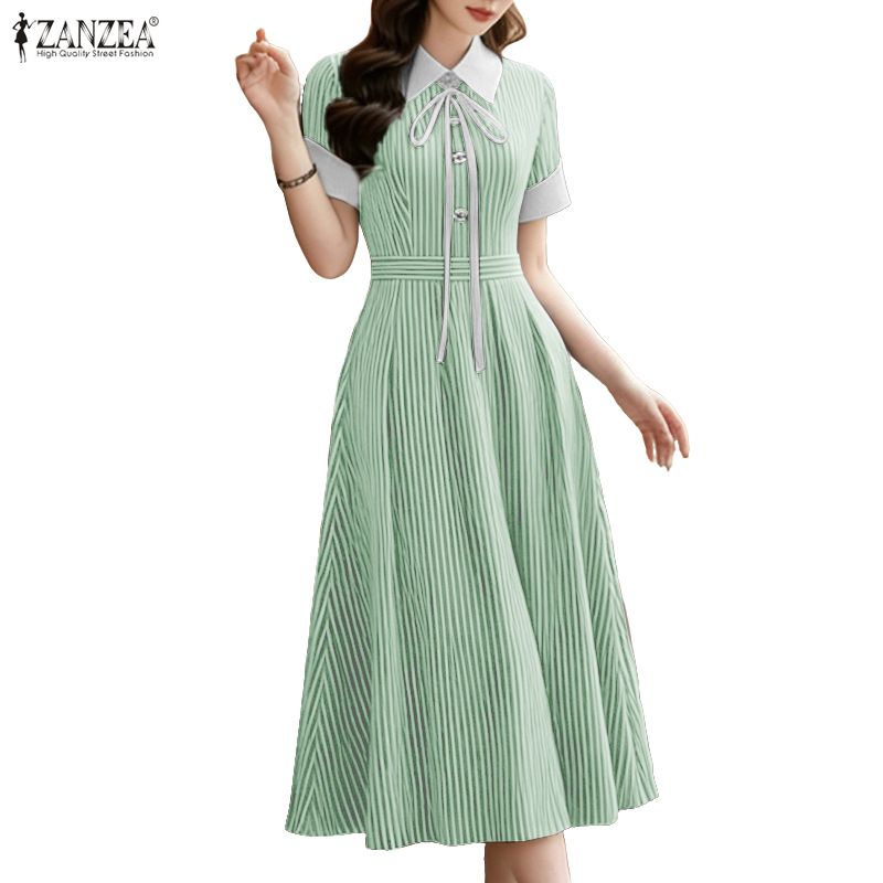 ZANZEA Women Casual Turn Down Collar Summer Short Sleeve Stripe Dress