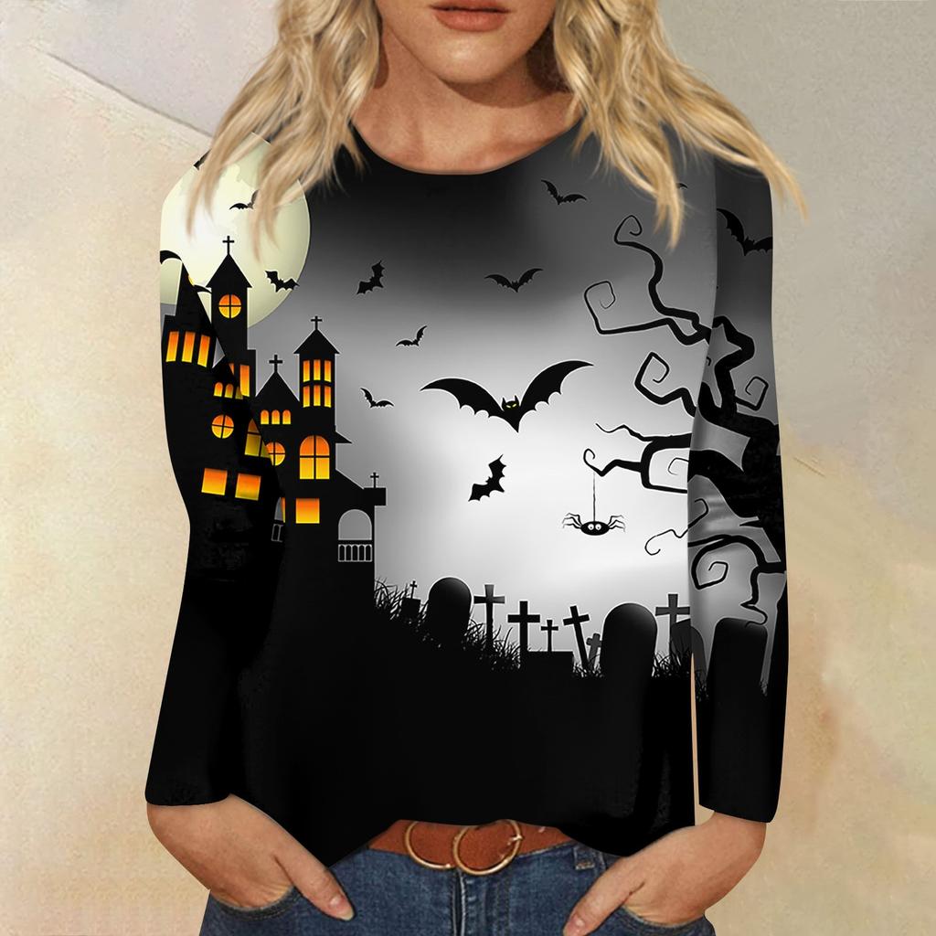 Damenmode Lässig Langarm Gestreift Halloween Bedruckt Rundhals Oberteil