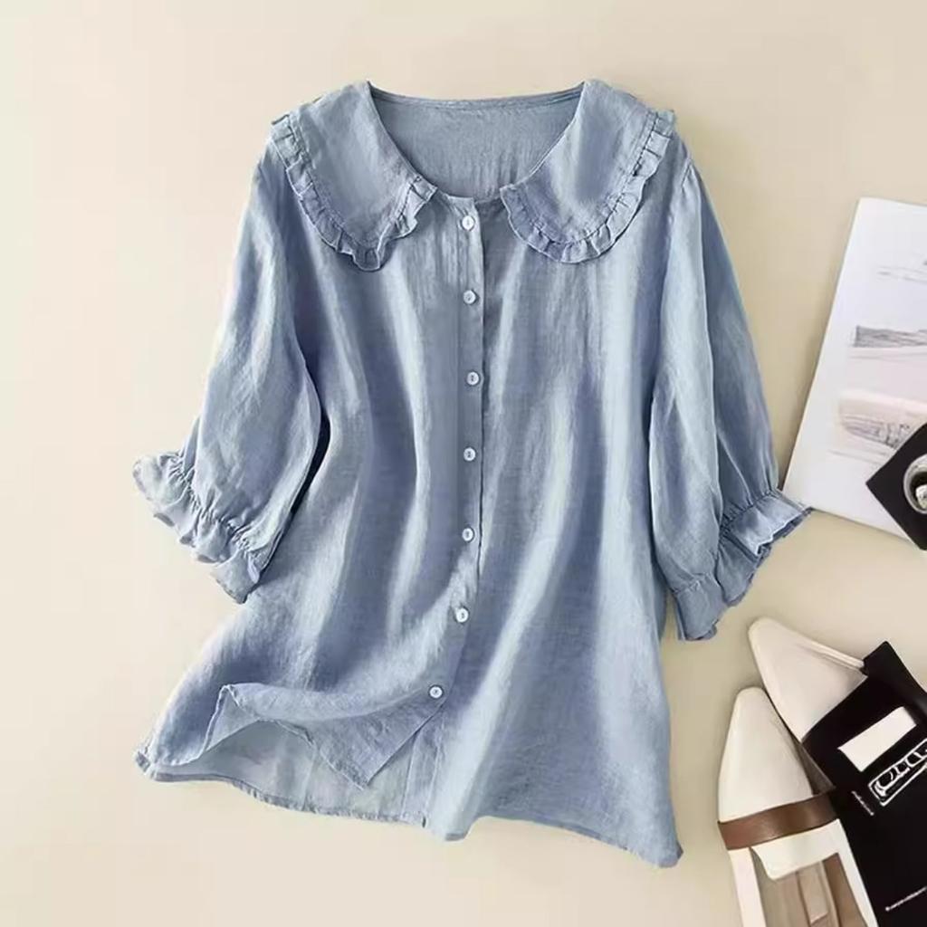 Camisa Suelta de Manga Media con Cuello de Muñeca para Mujer