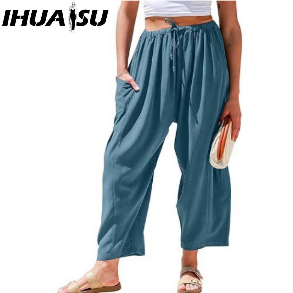IHUASU Moda feminina casual cor sólida estampa cintura alta calças e capris