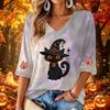 Women's V-Neck Halloween Printed Three-Quarter Sleeve Casual Blouse for Fall Festive Occasions