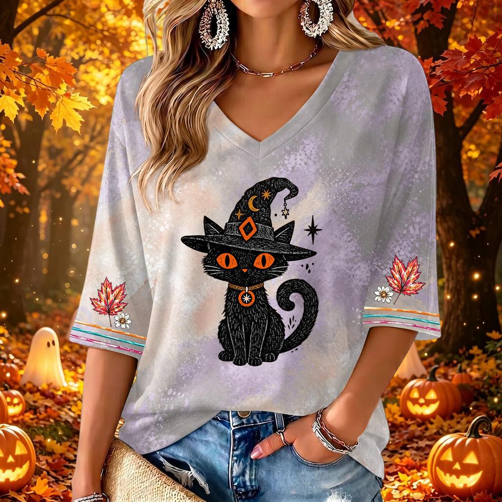 Women's V-Neck Halloween Printed Three-Quarter Sleeve Casual Blouse for Fall Festive Occasions