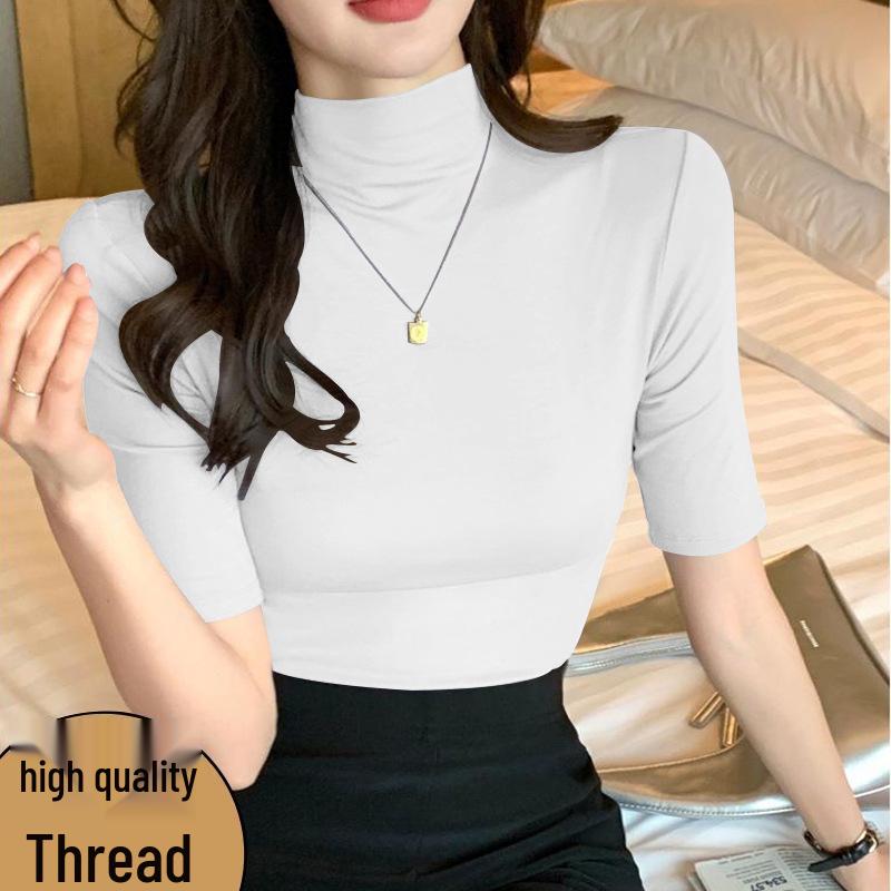 Early Spring Ribbed Slim Fit Mid-Sleeve High Neck Stylish Base Layer Top