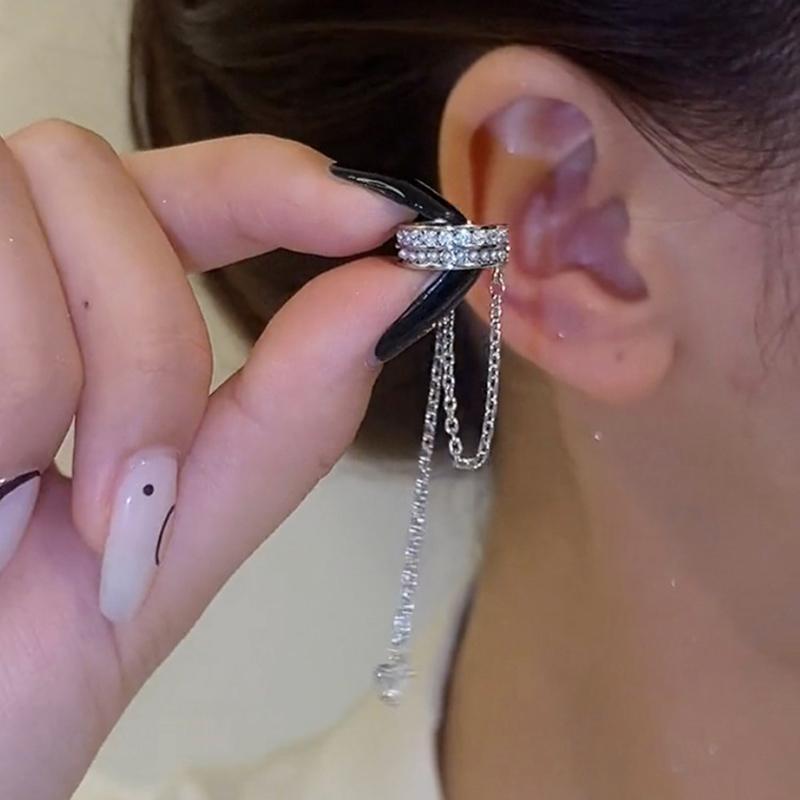 Sparkling Heart Zircon Shining Long Tassel Ear Cuff No Piercing Earrings Female Trendy Design Ear Clip Earrings Party Jewelry