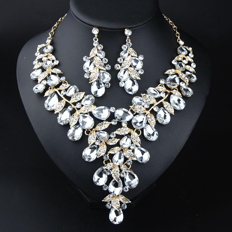 Glam European & American Statement Rhinestone Necklace and Earring Set for Women - Evening & Dinner Accessories.
