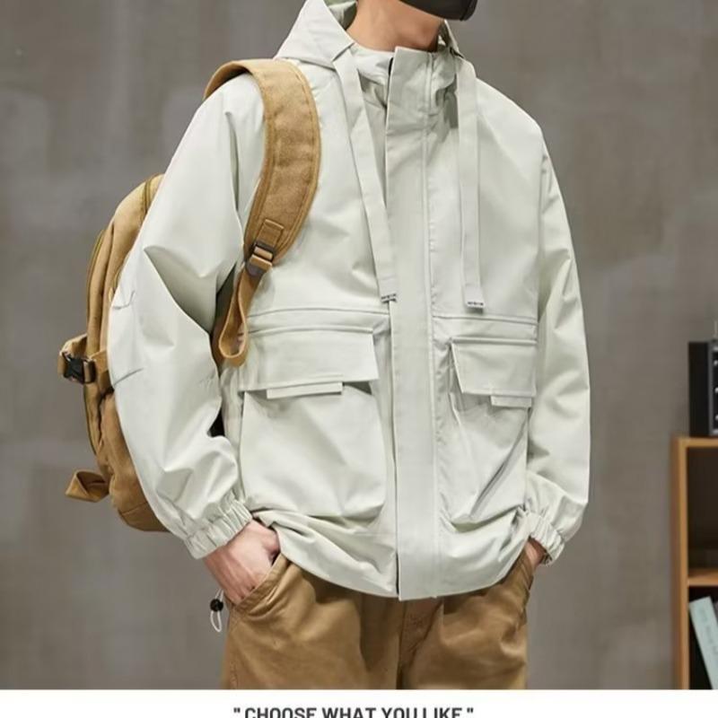 

Men s Retro Japanese Style Hooded Jacket - Loose Fit, Outdoor Autumn Workwear L білий