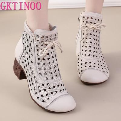 Moda GKTINOO 2025 Verano Botines Zapatos de Cuero Genuino Mujeres Tacones Medios Sandalias Cremallera Lateral Botines Recortados Transpirables Mujer Zapatos