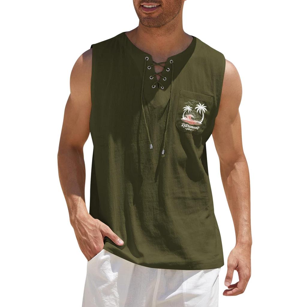 Men's Hawaiian Print Tank Top - Loose Fit Sleeveless Vest with Adjustable Tie for Casual Sports