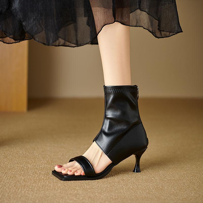 Fashion design sense hollow open-toed cool boots women's 2025 summer high-heeled elastic short boots thin-heeled one-word sandals