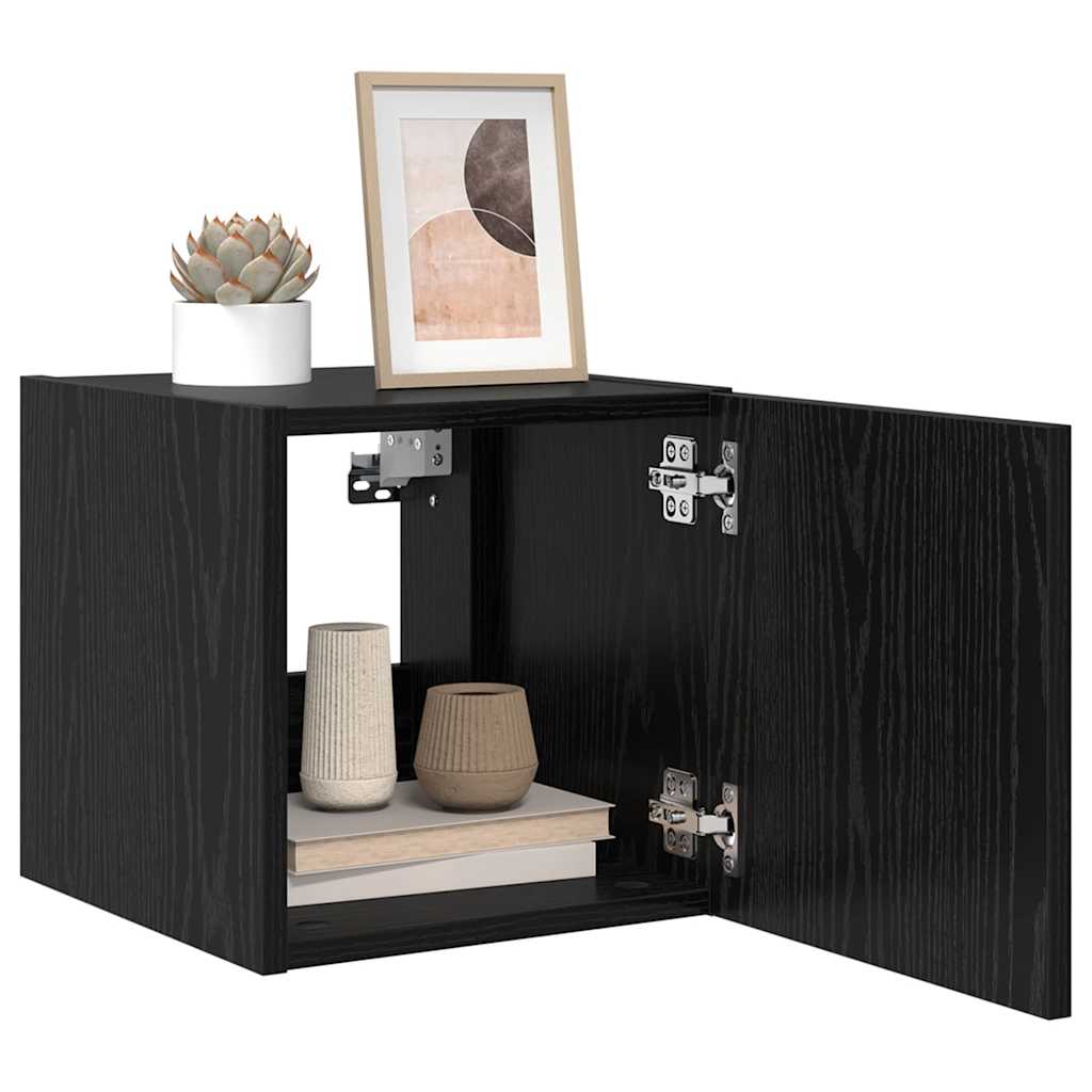 Wall Mounted TV Cabinet with LED Lighting Black Oak Effect 30.5 X 35 X 30 Cm