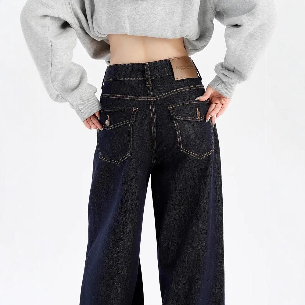 Women's Dark Blue High-Waisted Wide-Leg Jeans - Retro Floor-Length Petite Pants for Spring and Autumn