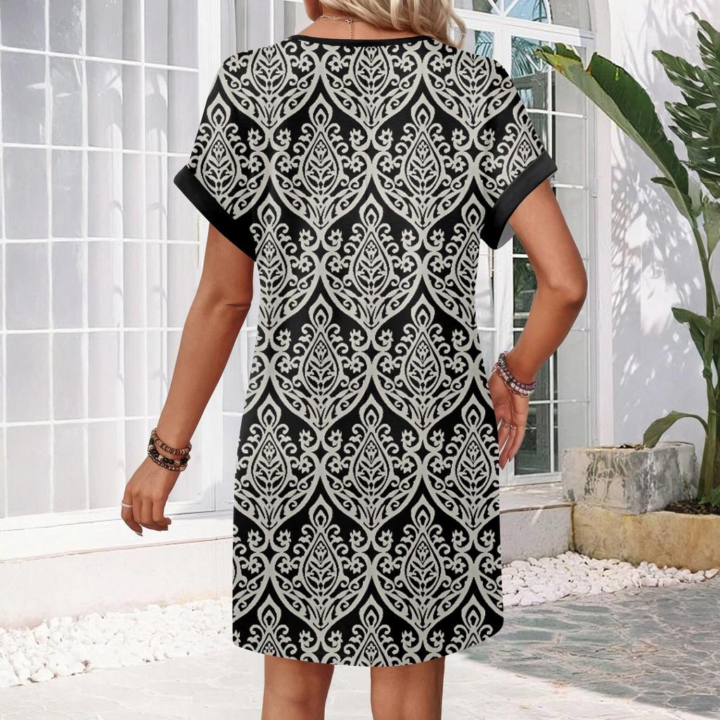Women's Fashion Print V-Neck Short Sleeve Pocket Casual Pullover Dress