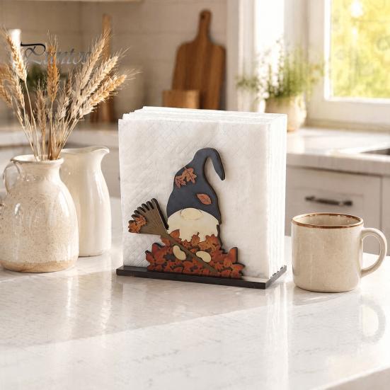Stable Vertical Paper Towel Stand Thanksgiving Solid Wood Napkin Holder, Fall Harvest Gnome Scarecrow Turkey Tissue Autumn Kitchen Countertop