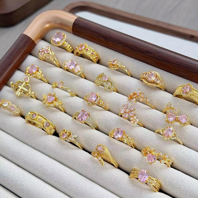 Medieval Vintage Pink Zircon Colored Treasure Open Ring Niche Light Luxury High Sense Stacked With Diamond Rings Woman