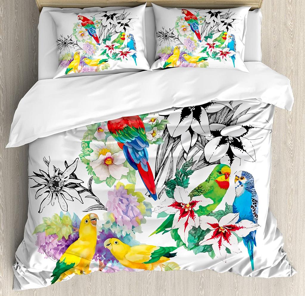 Parrot Flowers Green Tropical Plant Leaves 3pcs Bedding Set For Double Bed Home Textile Duvet Cover Quilt Cover Pillowcase