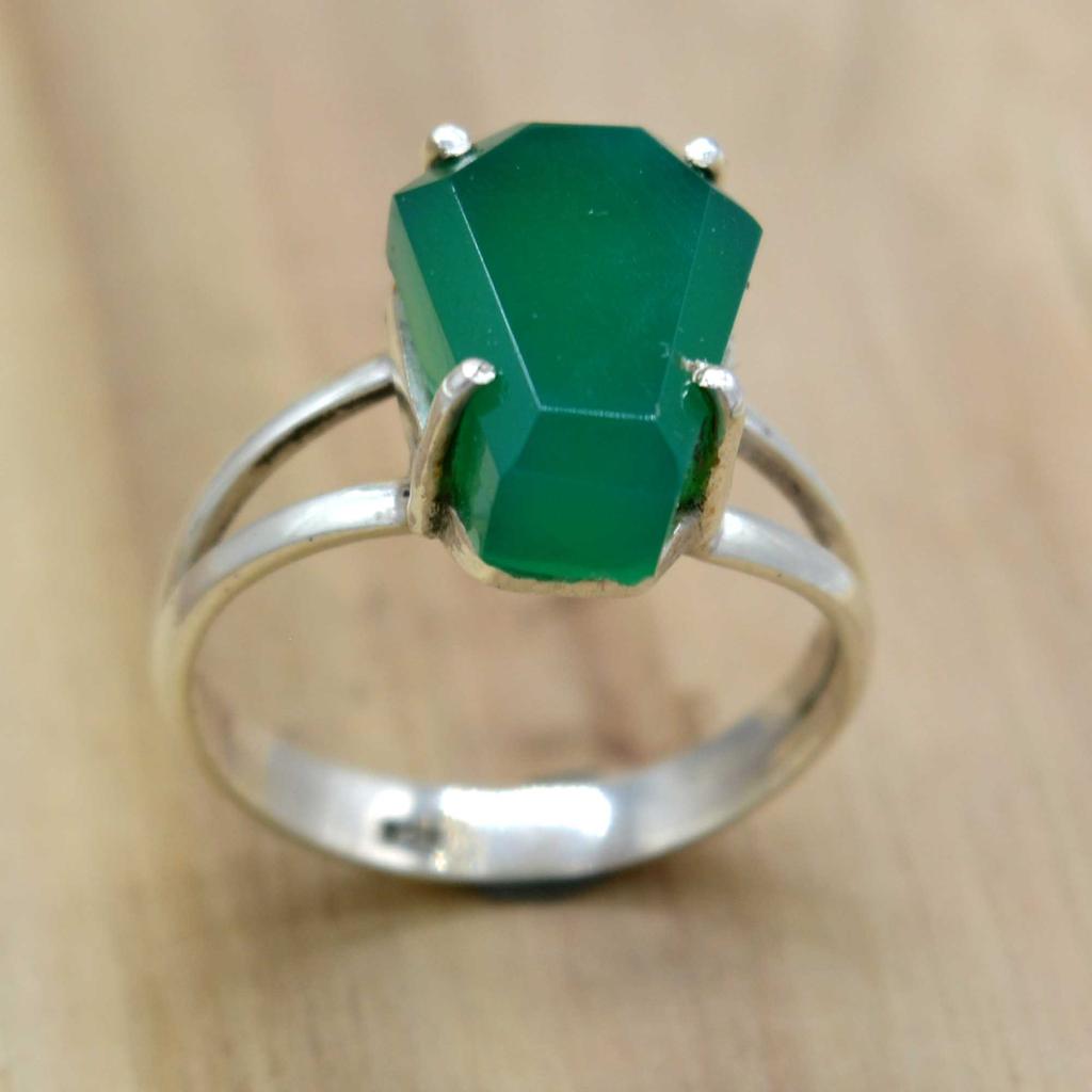 Prsten na rakev ze stříbra ze zeleného Onyxu 925, Prsten s drahokamem Onyx,