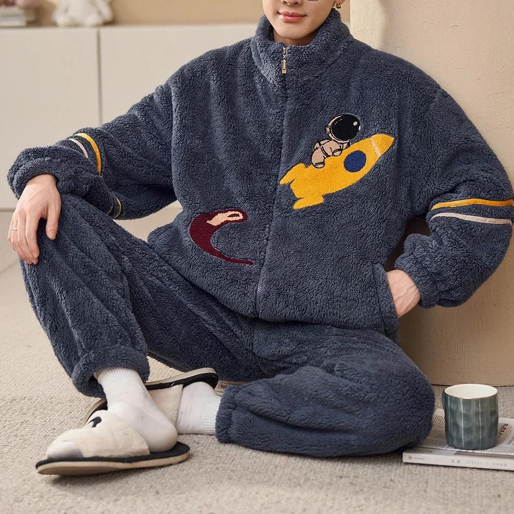 Man Winter Warm Sleepwear Pajamas Set Men Flannel Pajama Nightwear Home Clothes Velvet Coral Fleece 6XL Plus Size Pijama