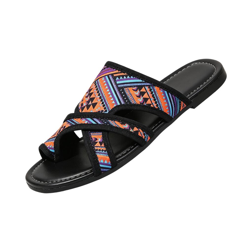 Women Bohemian Ethnic Style Flat Slide Sandals Toe Loop Open Back Casual Slip On Summer Footwear for Daily Wear