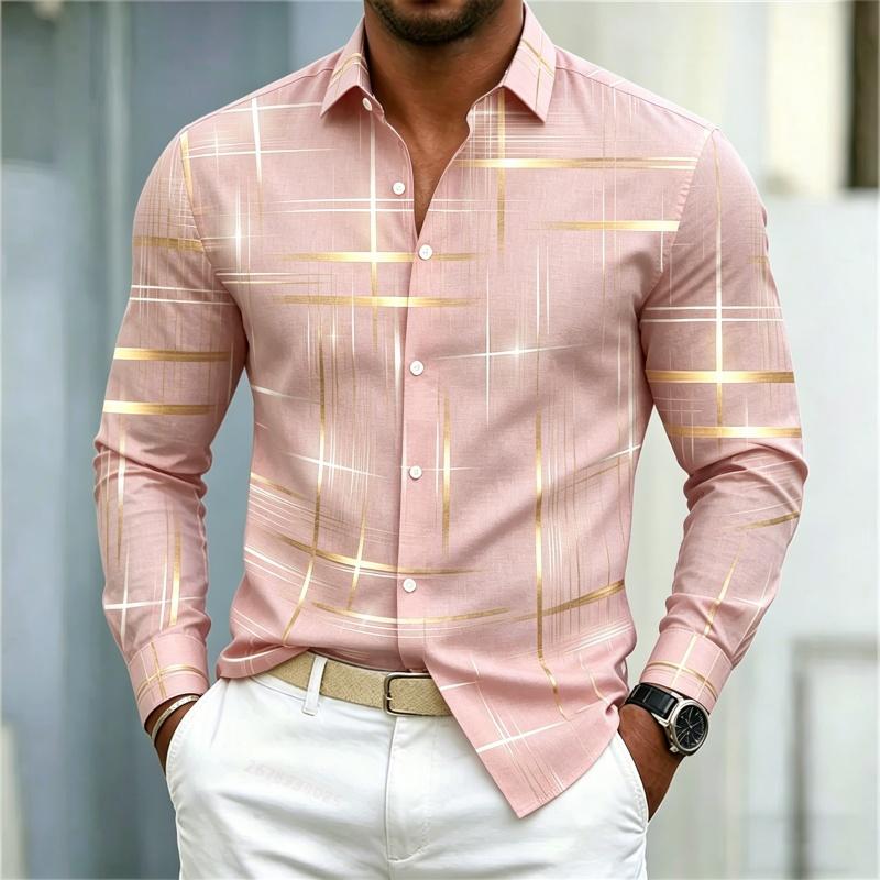 2026 Men's Shirt with Fashionable Printed Lines, Checkered Long Sleeved Shirt, Lapel, Slim Fit, Business Casual Men's Shirt