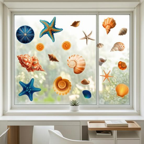 Pegatinas para Ventana de Caracolas y Estrellas de Mar, Adhesivo Impermeable para Ventana con Vida Marina del Océano, Pegatinas Estáticas Reutilizables para Puerta de Cristal, Suministros para Fiestas de Verano