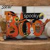 Indoor Halloween Table Ornaments Wooden Tabletop Ornaments, Freestanding Solid Wood Letter Signs, Decorative Centerpiece Pumpkin Castle Ghost