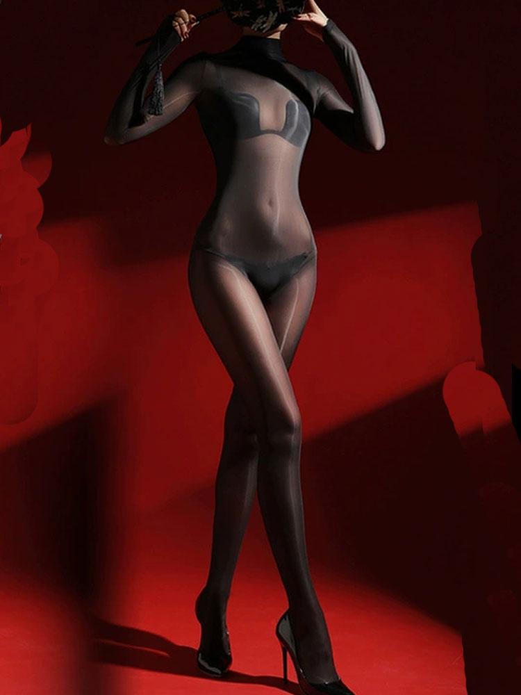 Smooth Soft Open Crotch Jumpsuit High Neck Sexy Shiny Glossy Sheer Elastic Bodysuit Allure Shaping Tights Backless Unitard Women