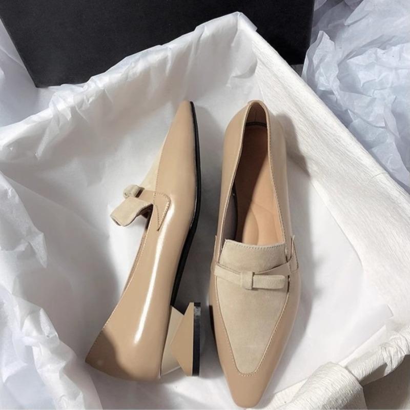 Shoes for Woman Small Leather Shoes Women's French Splicing Thick Heel Pointed Single Shoes Leather Versatile Loafers Woman