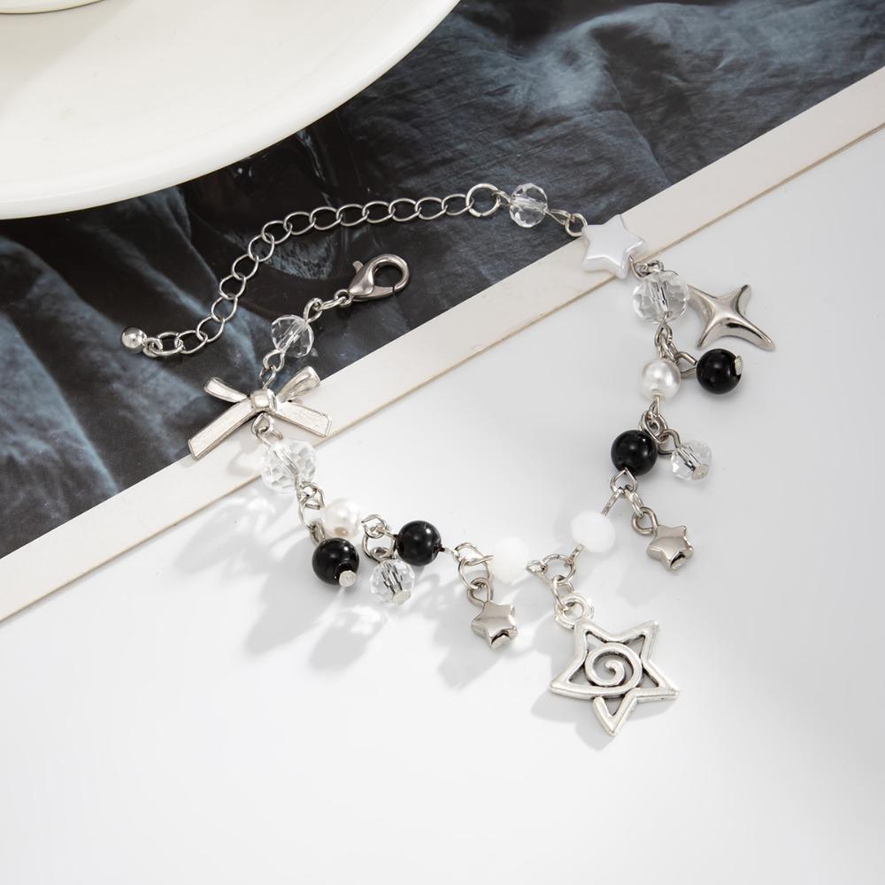 Hip-hop Retro Hollowed-out Spiral Star-shaped Bowknot Pendant Imitation Crystal Beaded Bracelet for Women Y2k Fashion Jewelry