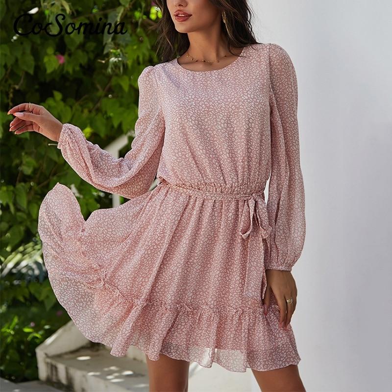 Floral Print Ruffled Summer Dress Women Elegant Long Sleeve Sashes Female Chiffon Dress Bohemian Spring Short Dress