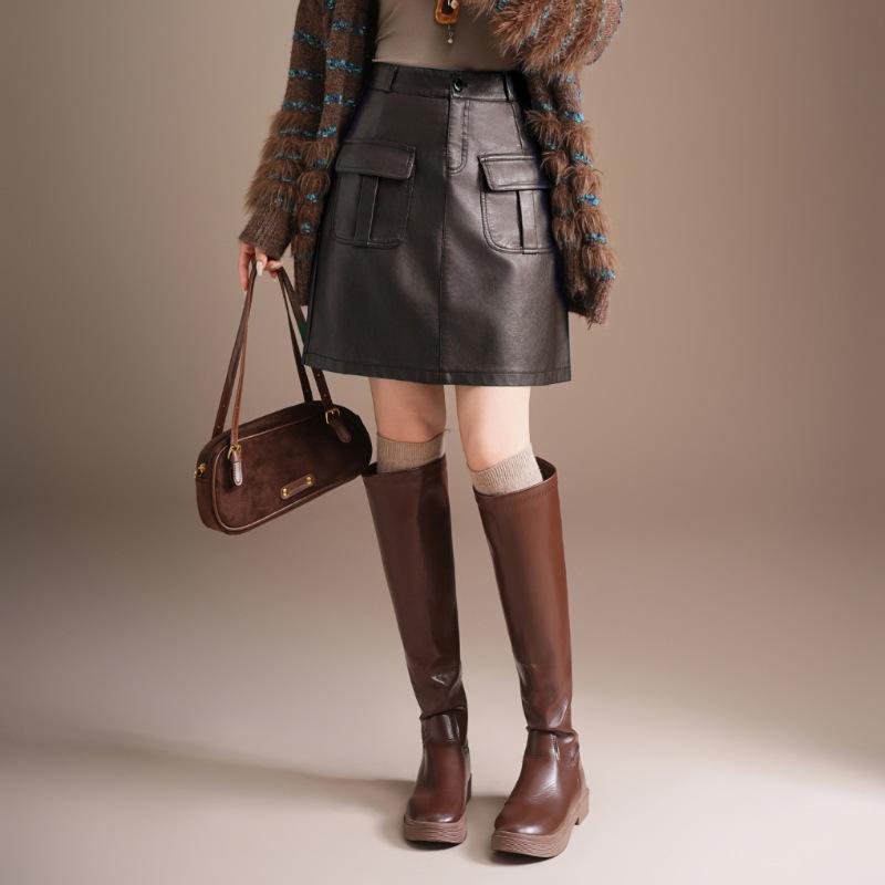 Haining Women s Autumn/Winter 2025 Sheepskin Leather High-Waisted Mini Skirt - Fashionably Chic Size 27 кофейный