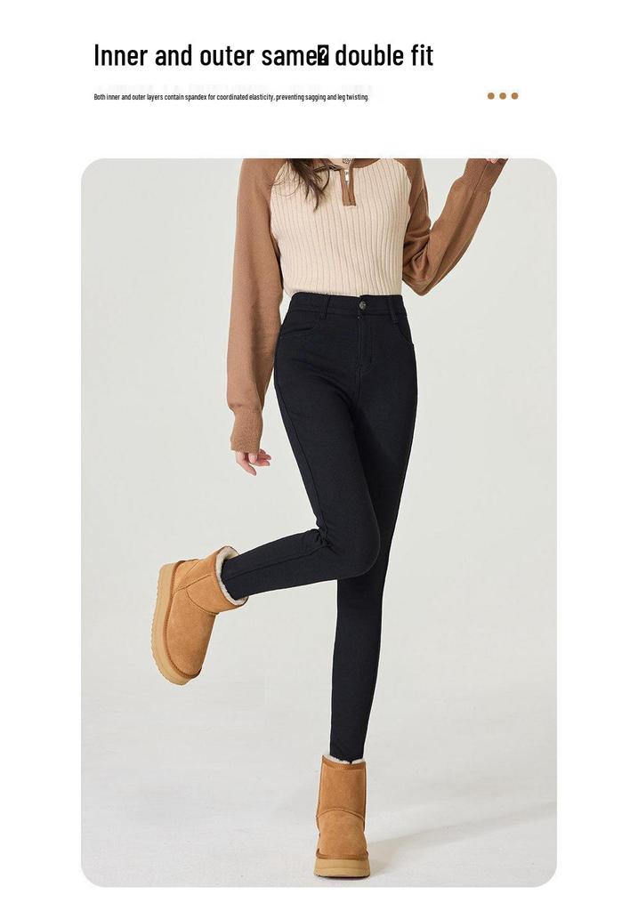 Women's Black Fleece-Lined Thermal Leggings: Warm, High-Waisted, Slim-Fit, Versatile, Thick, Trendy for Autumn/Winter