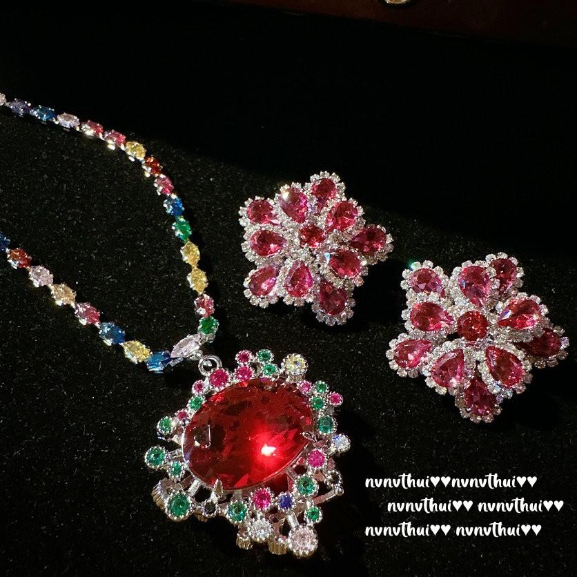 Swirl Pigeon Blood Ruby, Flower Necklace Vintage Plated 18K Gold Duobao Thistle Color Treasure Zircon Earrings