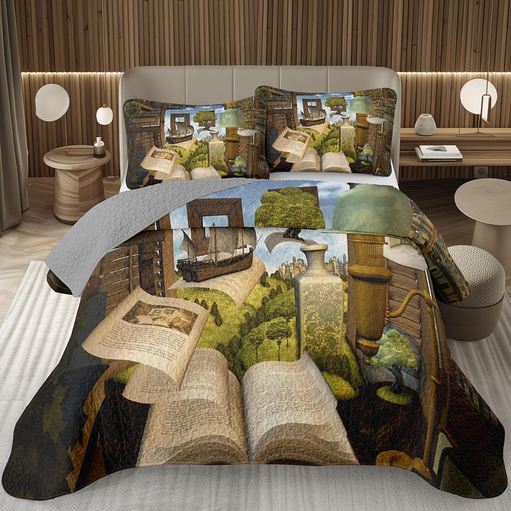 Magic Book Bedspreads Retro Books Quilted Coverlet Full Queen Bedding Set for Girls Youth Teens Child Soft Reversible Quilt Set