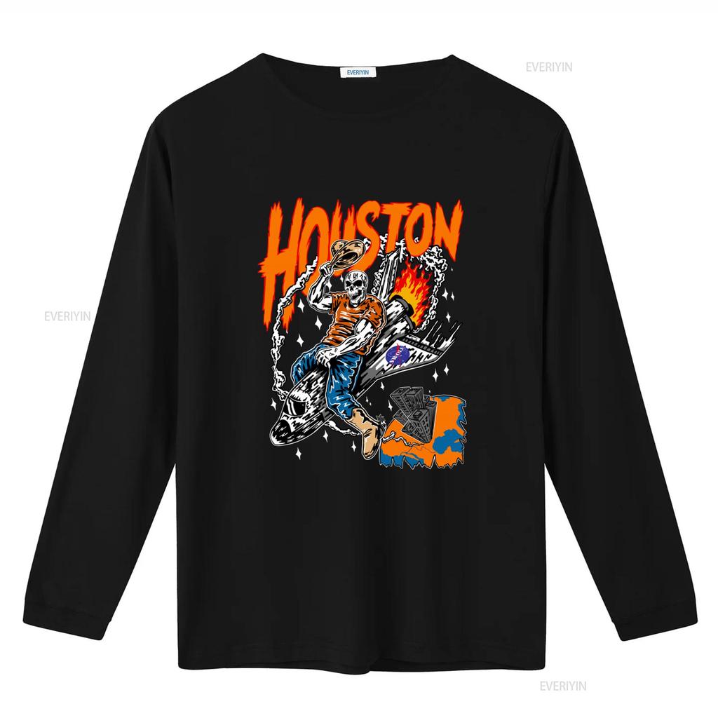 Skeleton Driving Rocket T Shirt Houston Basketball Fan Streetwear Style Round Neck vintage Washed Casual Stylish Breathable