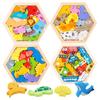Wooden Puzzle Shape Sorting 4 Types Ages 3D Building Blocks for Montessori Interlocking Brain Finger Shape English Language Educational Birthday Gift