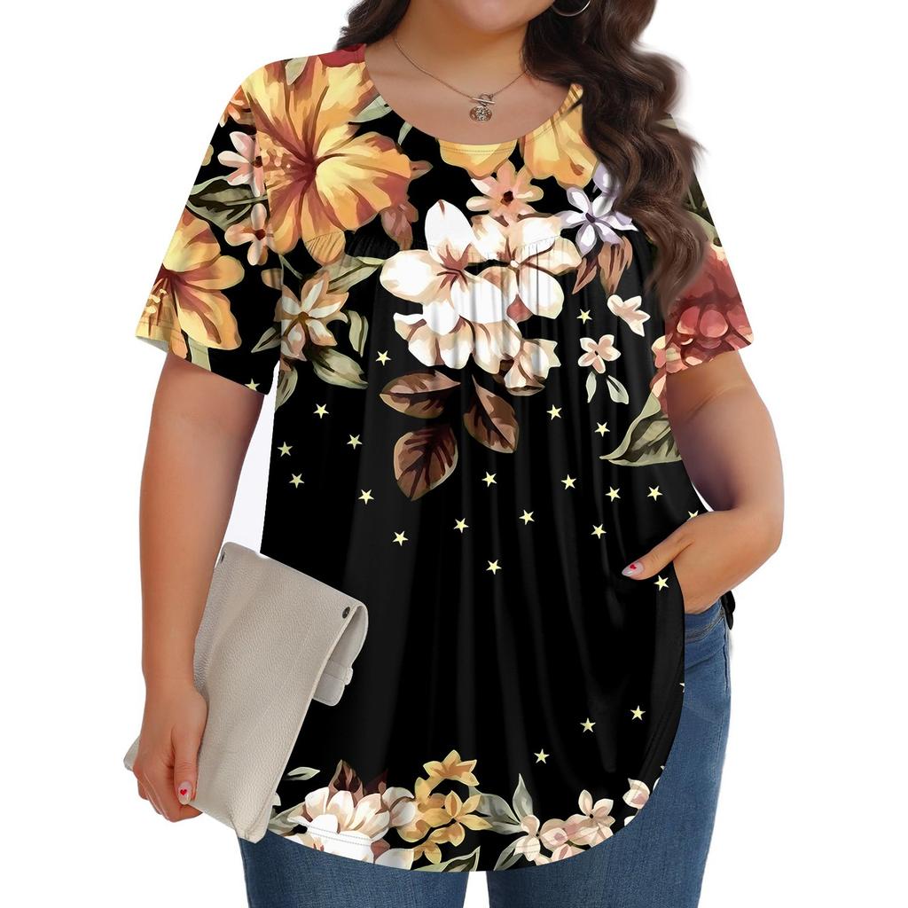 Women's Fashion Casual  Print Round Neck Short Sleeve Top Womens Plus Size Tops