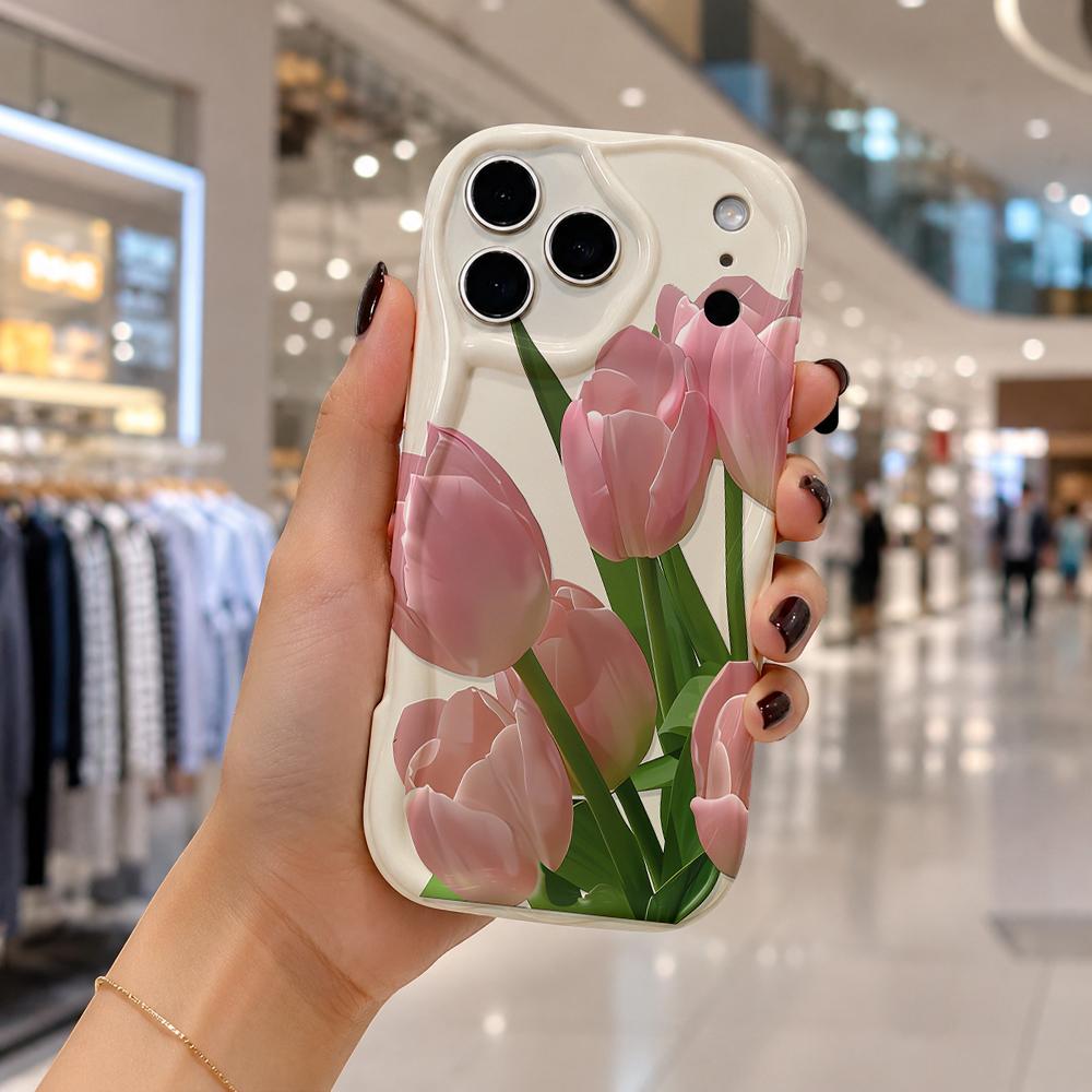 Pink Tulip Floral Pattern Wavy Edge Phone Case For iPhone 17 16 15 14 13 12 11 8 7 Plus Pro Max Spring Theme Soft Cover