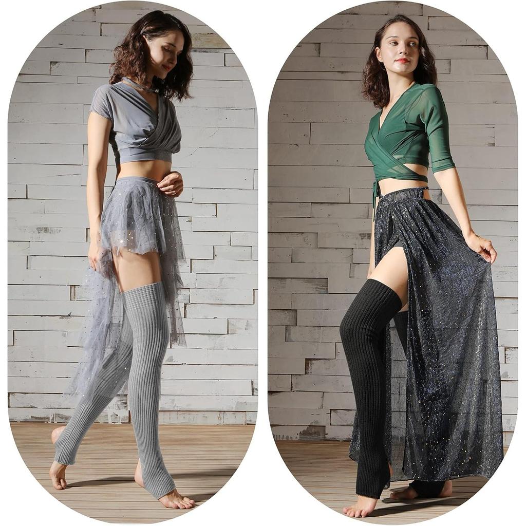 2 Paia Scaldamuscoli Lunghi Elasticizzati a Maglia con Staffa per Danza Balletto Calzettoni Alti sulla Coscia Calze Senza Piedi per Donna