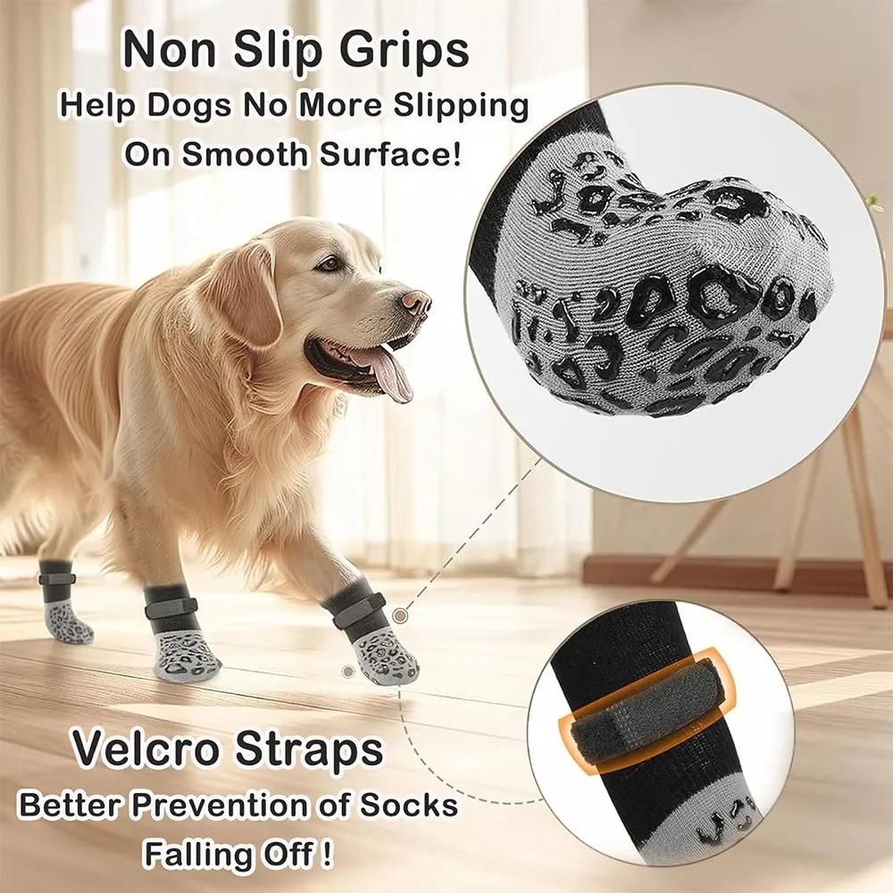 Paquete de 4 Calcetines Antideslizantes para Perros, Previenen Lamer y Morder Suelos de Madera Dura, Agarre Fuerte, Protección de Patas, Anti-Arañazos, Doble-
