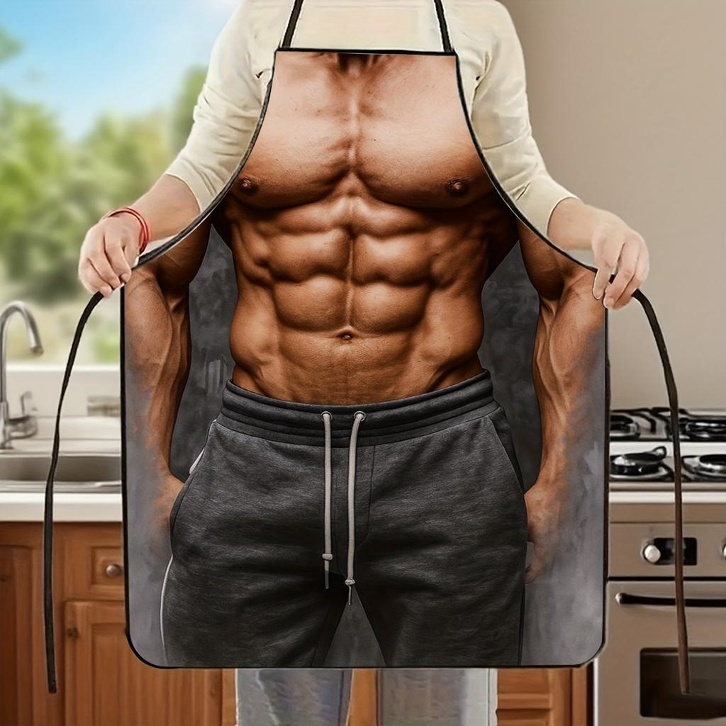 1pc Muscular Man Model Design Apron Durable Polyester Full Coverage Kitchen Aprons Suitable for Baking And Cooking Home Use