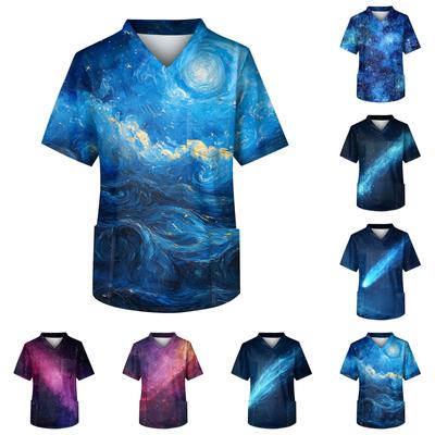 Men's Printing Short Sleeve V-neck Working Blouse Chest Pocket Carer Top
