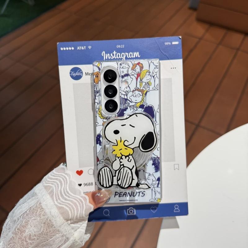 Cartoon Cute Snoopy Charlie friend seat Folding Magsafe Wireless Charge Case For Samsung ZFold 3 4 5 6 ZFold7 Magnetic Holder