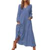 Women Bohemian Cotton Linen Dress Oversized V-neck Long Sleeve Swing Dress Pleated