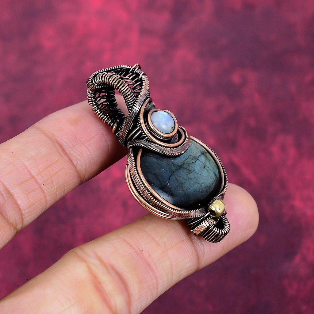 Labradorite Gemstone Pendant Rainbow Moonstone Copper Wire Wrapped Pendant